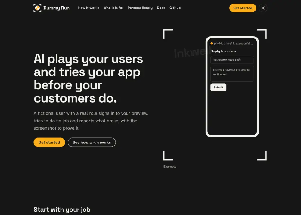What the persona saw at step 1: the page titled Dummy Run, with the heading AI plays your users and tries your app before your customers do.
