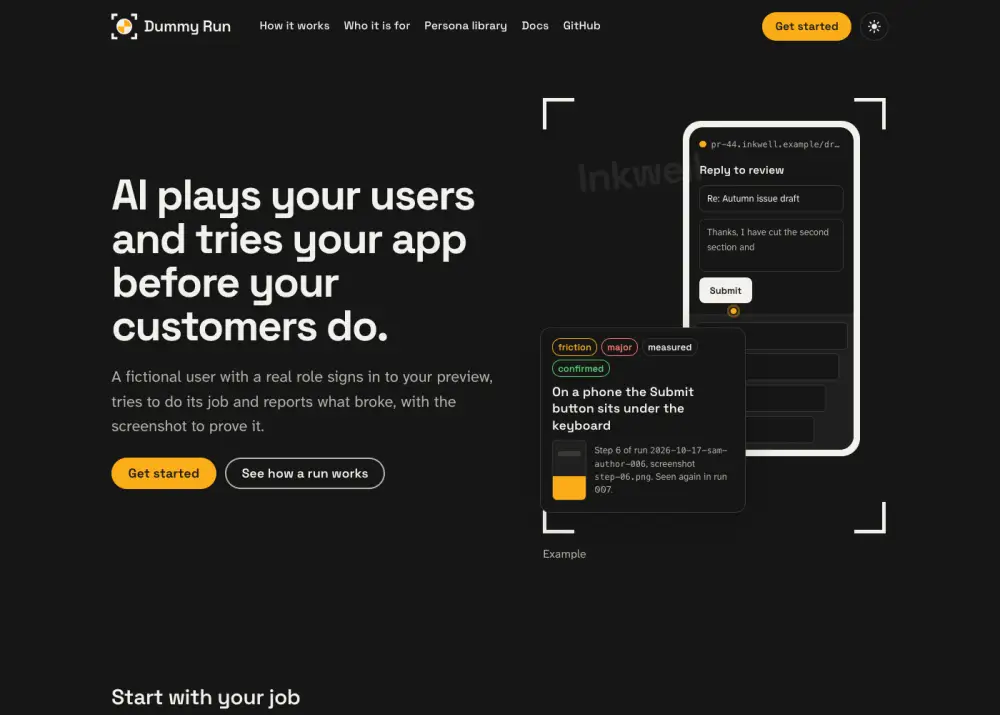 What the persona saw at step 2: the page titled Dummy Run, with the heading AI plays your users and tries your app before your customers do.