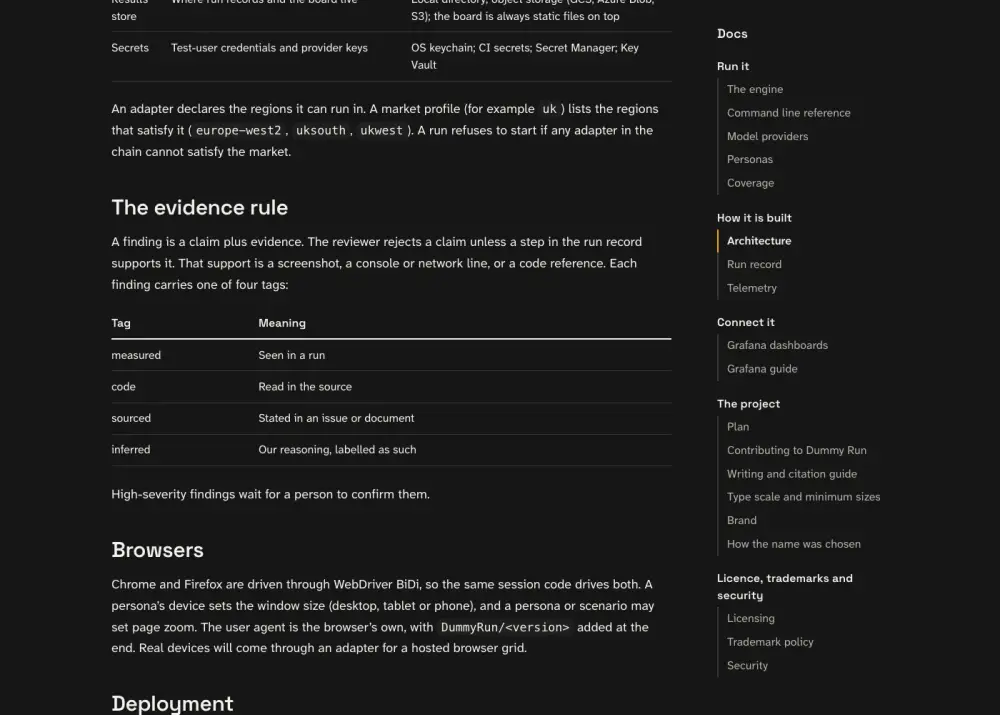 What the persona saw at step 8: the page titled Architecture | Dummy Run, with the heading Architecture.