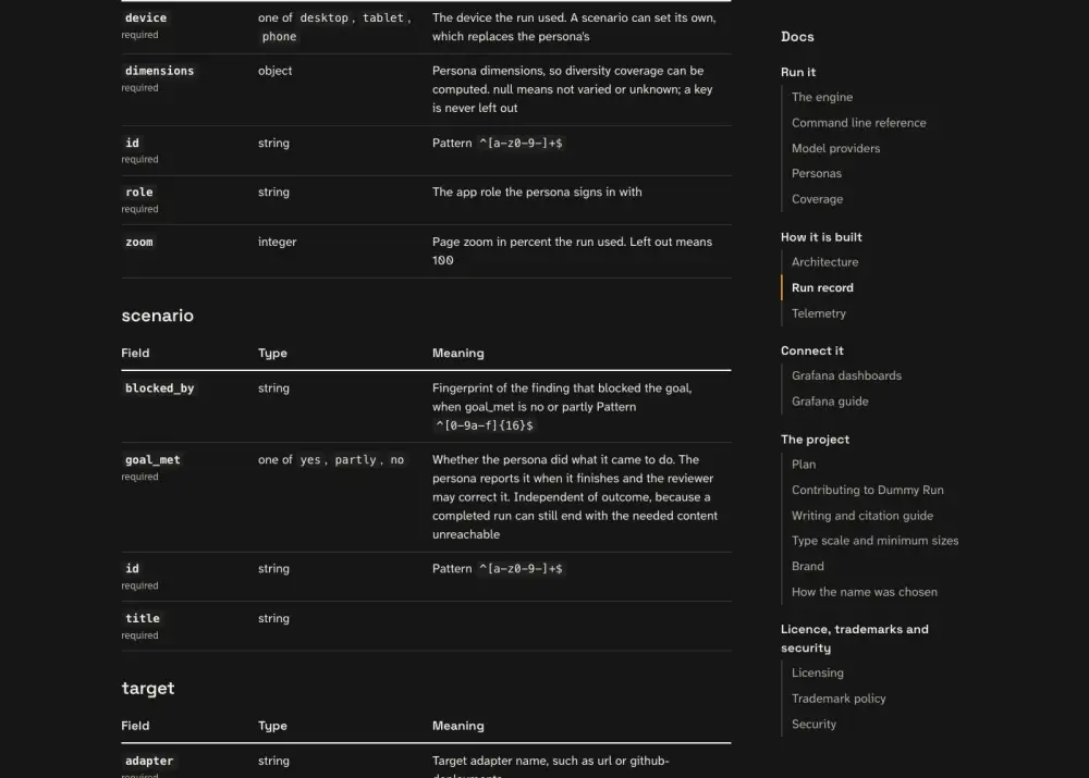 What the persona saw at step 12: the page titled Run record | Dummy Run, with the heading Run record.