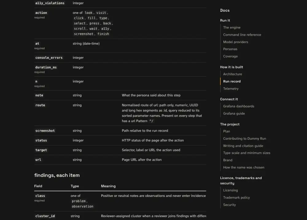 What the persona saw at step 17: the page titled Run record | Dummy Run, with the heading Run record.