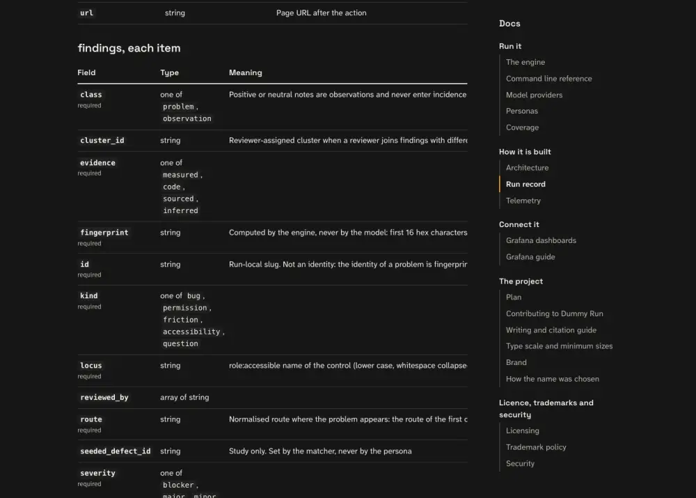 What the persona saw at step 19: the page titled Run record | Dummy Run, with the heading Run record.