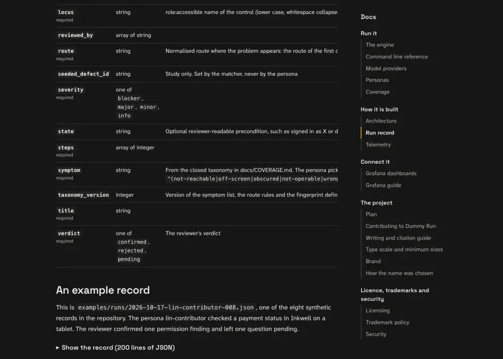 What the persona saw at step 20: the page titled Run record | Dummy Run, with the heading Run record.