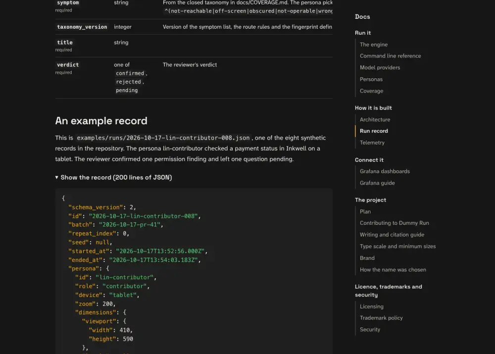 What the persona saw at step 21: the page titled Run record | Dummy Run, with the heading Run record.
