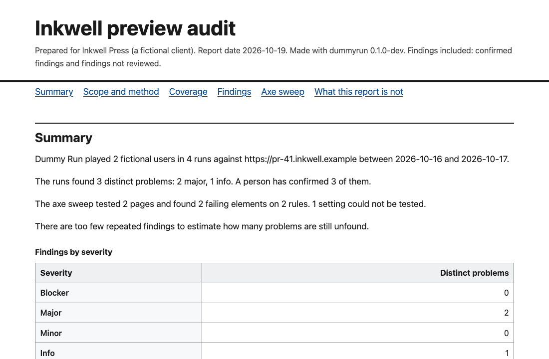 The top of an example report: a title, a summary, counts of findings by severity and the start of the scope.